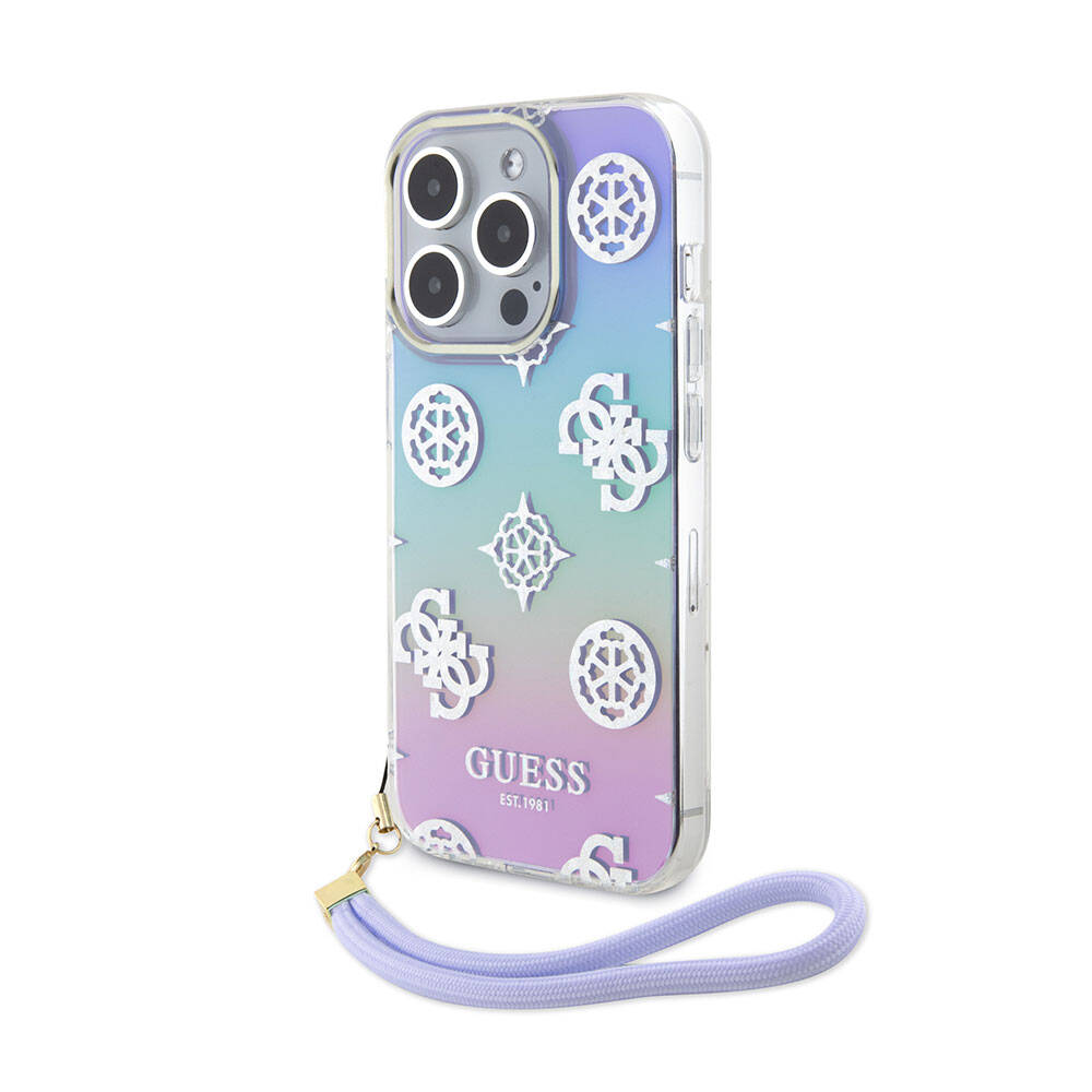 Apple iPhone 15 Pro Kılıf Guess Orjinal Lisanslı Desenli Yazı Logolu Askı İpli Holografik Glitter Peony Kapak Mor