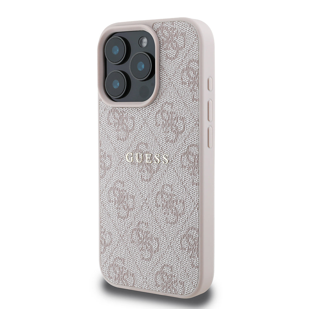 Apple iPhone 15 Pro Kılıf Guess Orjinal Lisanslı M-safe Şarj Özellikli 4G Desen Yazı Logolu Kapak Pembe