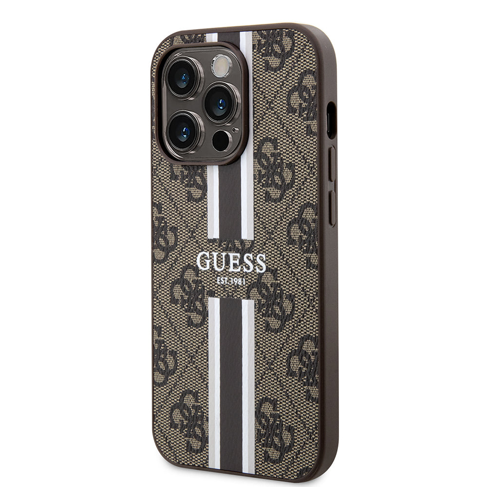 Apple iPhone 15 Pro Kılıf Guess Orjinal Lisanslı M-safe Şarj Özellikli 4G Şerit Tasarımlı Printed Kapak Kahverengi