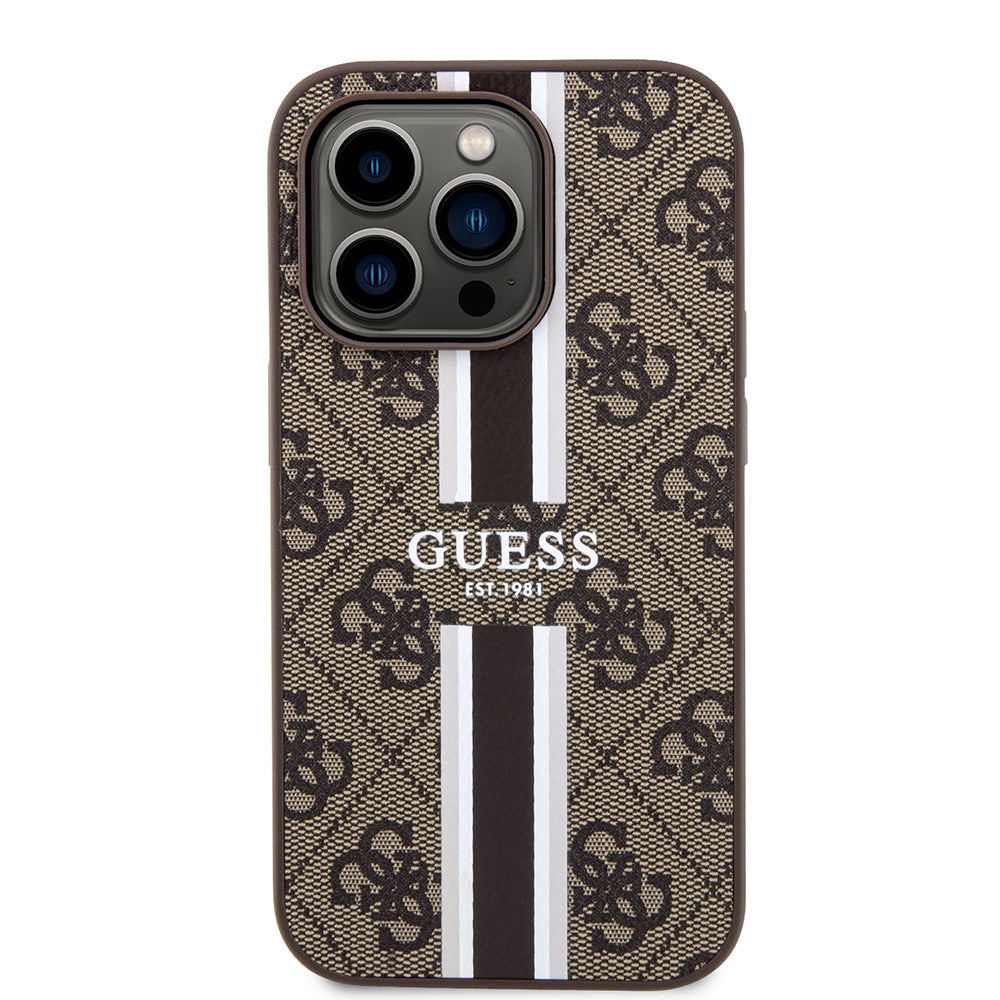 Apple iPhone 15 Pro Kılıf Guess Orjinal Lisanslı M-safe Şarj Özellikli 4G Şerit Tasarımlı Printed Kapak Kahverengi