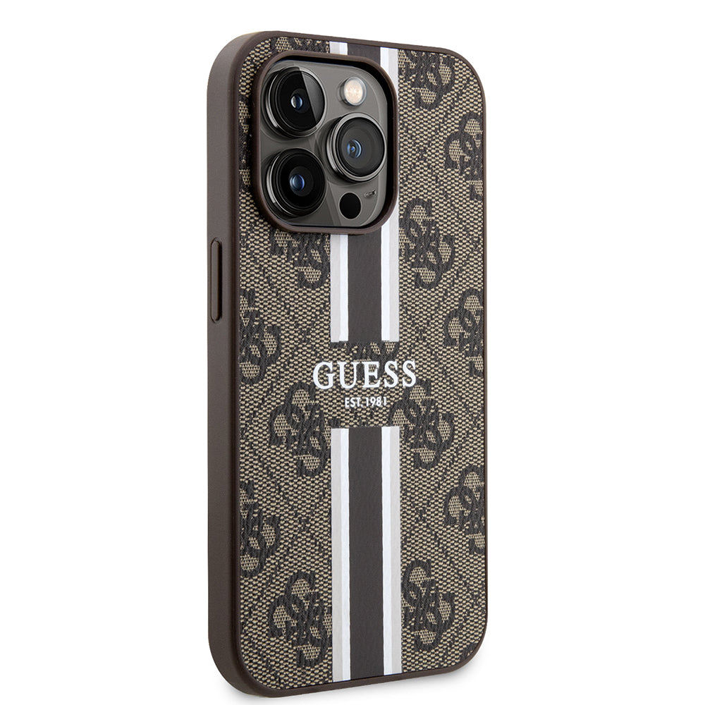 Apple iPhone 15 Pro Kılıf Guess Orjinal Lisanslı M-safe Şarj Özellikli 4G Şerit Tasarımlı Printed Kapak Kahverengi