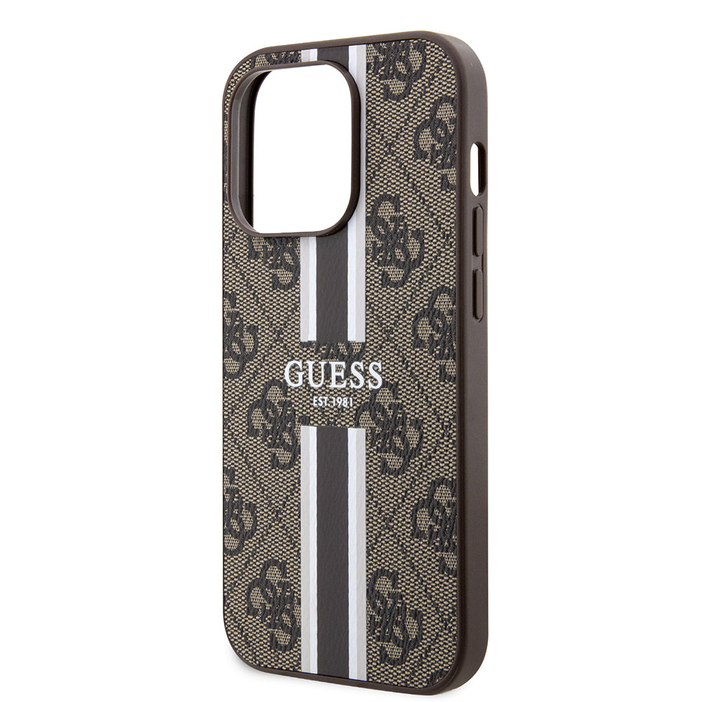 Apple iPhone 15 Pro Kılıf Guess Orjinal Lisanslı M-safe Şarj Özellikli 4G Şerit Tasarımlı Printed Kapak Kahverengi