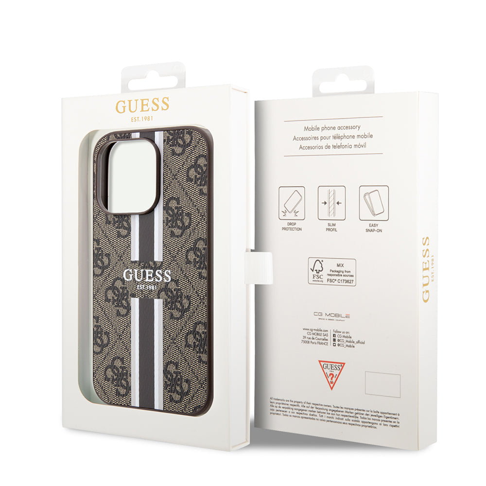 Apple iPhone 15 Pro Kılıf Guess Orjinal Lisanslı M-safe Şarj Özellikli 4G Şerit Tasarımlı Printed Kapak Kahverengi