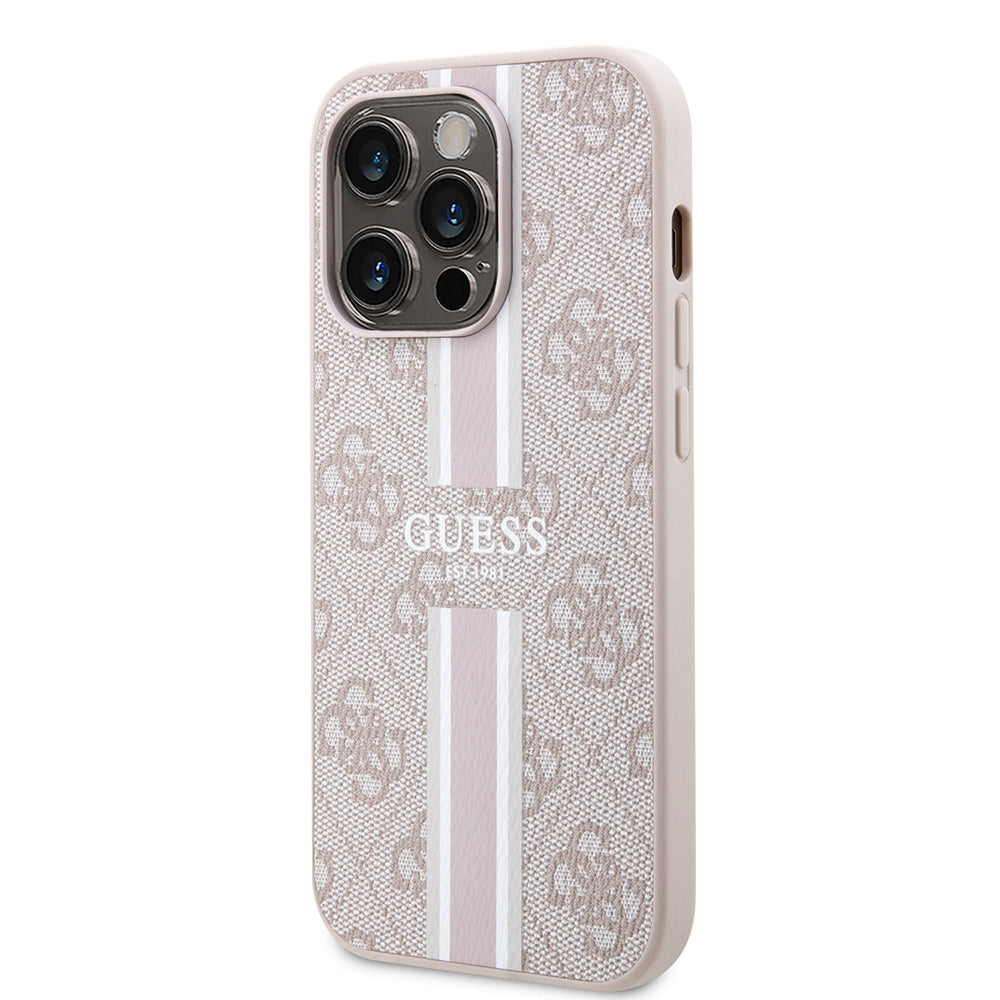 Apple iPhone 15 Pro Kılıf Guess Orjinal Lisanslı M-safe Şarj Özellikli 4G Şerit Tasarımlı Printed Kapak Kahverengi
