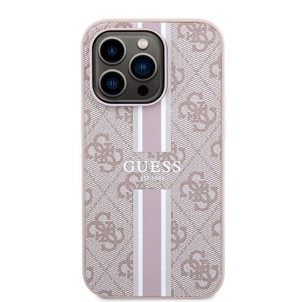 Apple iPhone 15 Pro Kılıf Guess Orjinal Lisanslı M-safe Şarj Özellikli 4G Şerit Tasarımlı Printed Kapak Kahverengi