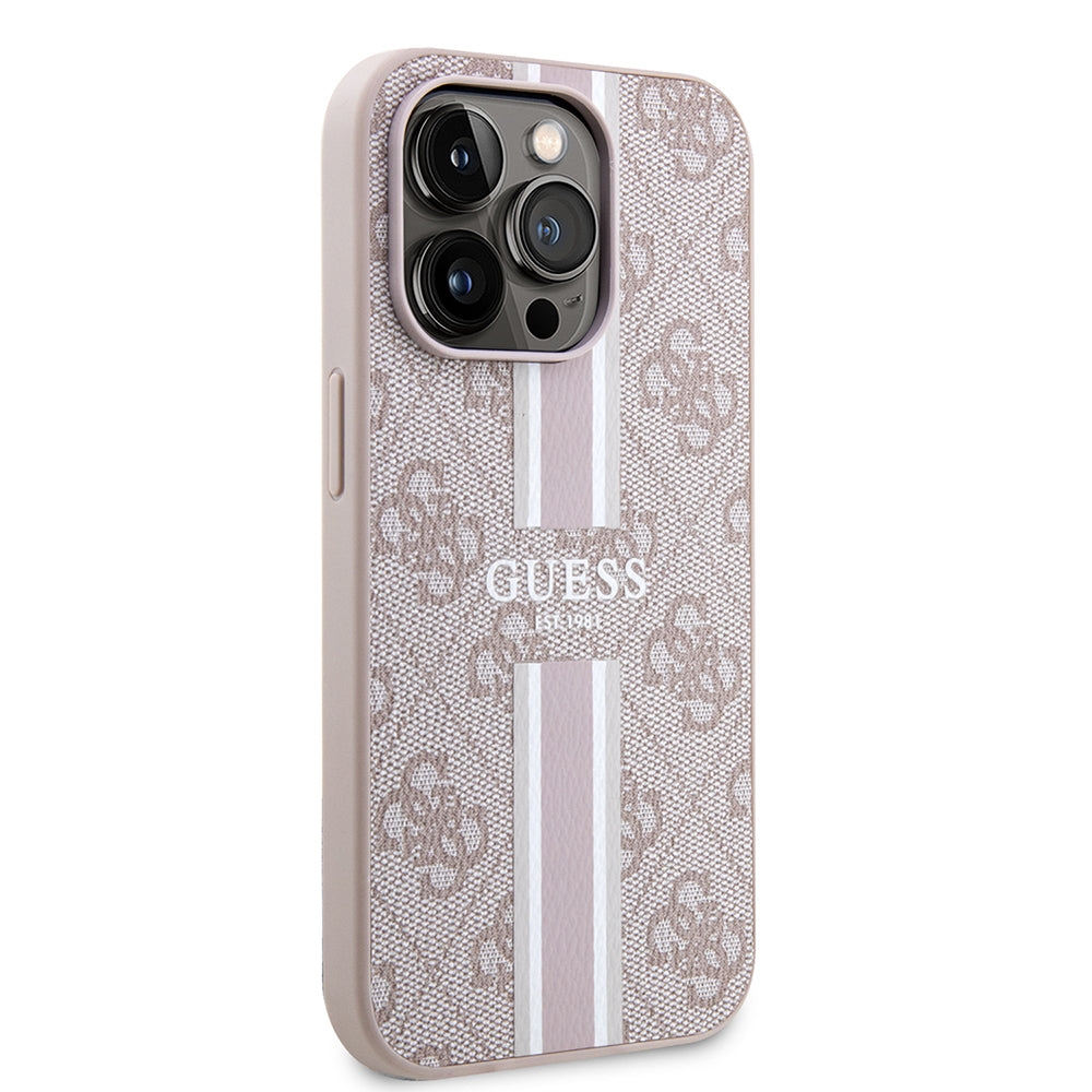 Apple iPhone 15 Pro Kılıf Guess Orjinal Lisanslı M-safe Şarj Özellikli 4G Şerit Tasarımlı Printed Kapak Kahverengi