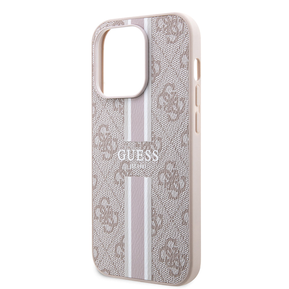 Apple iPhone 15 Pro Kılıf Guess Orjinal Lisanslı M-safe Şarj Özellikli 4G Şerit Tasarımlı Printed Kapak Kahverengi