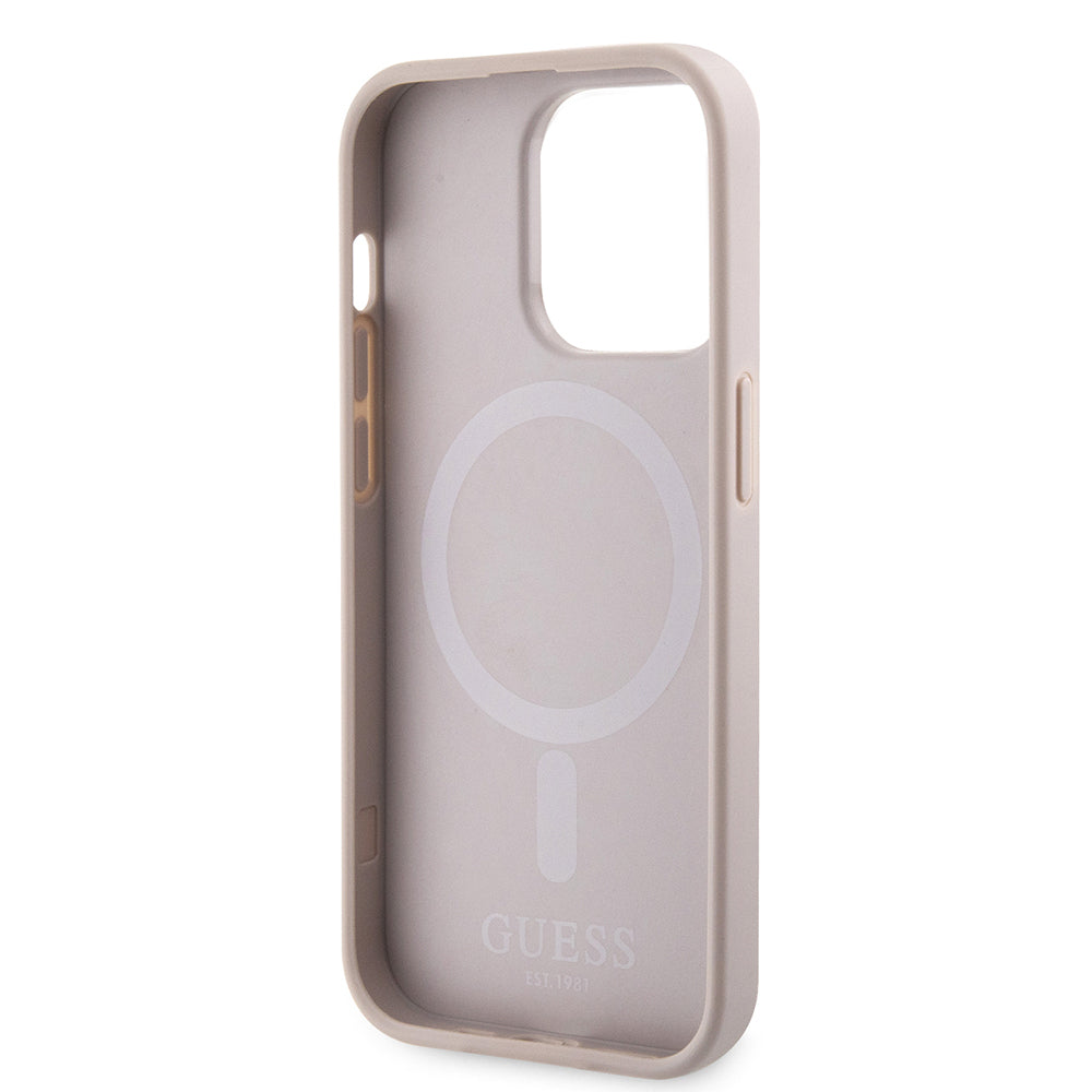 Apple iPhone 15 Pro Kılıf Guess Orjinal Lisanslı M-safe Şarj Özellikli 4G Şerit Tasarımlı Printed Kapak Kahverengi