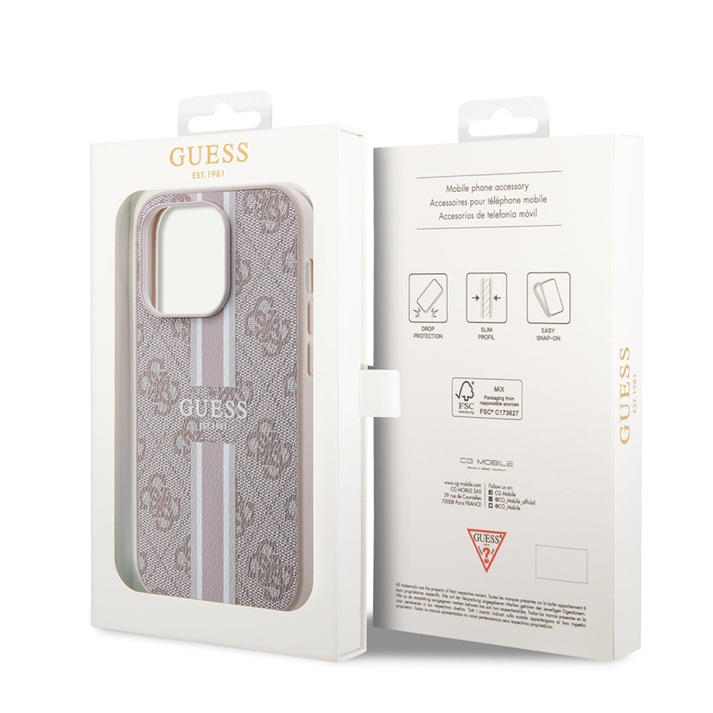 Apple iPhone 15 Pro Kılıf Guess Orjinal Lisanslı M-safe Şarj Özellikli 4G Şerit Tasarımlı Printed Kapak Kahverengi