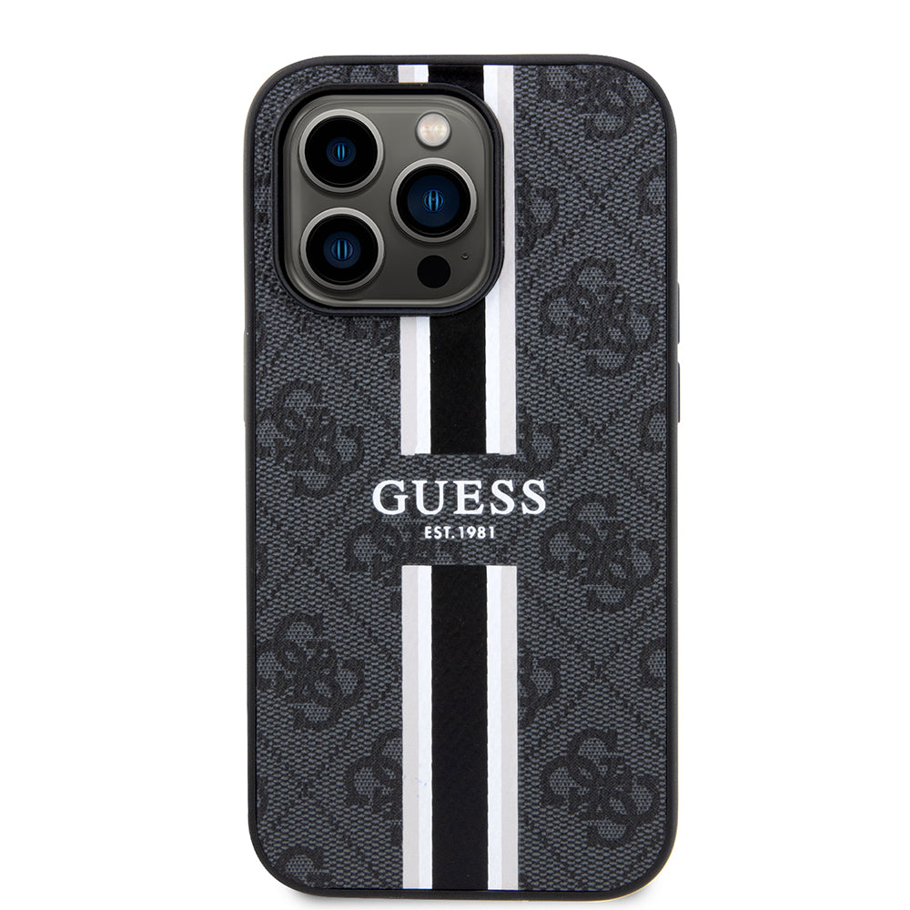 Apple iPhone 15 Pro Kılıf Guess Orjinal Lisanslı M-safe Şarj Özellikli 4G Şerit Tasarımlı Printed Kapak Kahverengi