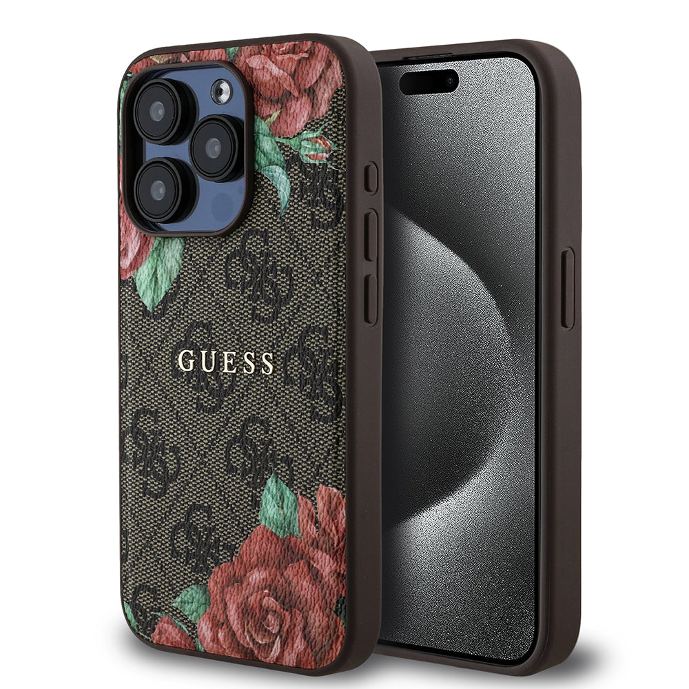 Apple iPhone 15 Pro Kılıf Guess Orjinal Lisanslı M-safe Şarj Özellikli Gül Baskılı 4G Desenli Yazı Logolu Kapak Siyah