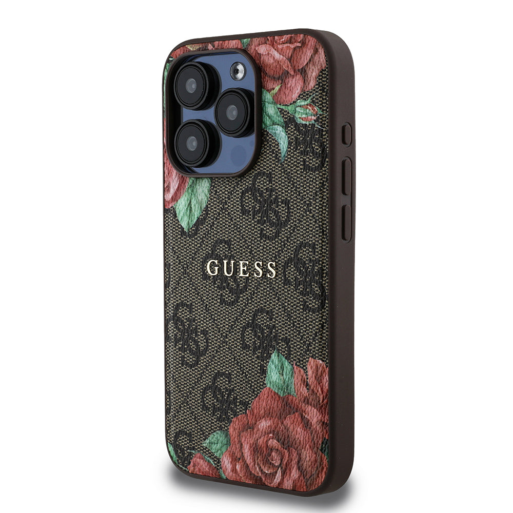 Apple iPhone 15 Pro Kılıf Guess Orjinal Lisanslı M-safe Şarj Özellikli Gül Baskılı 4G Desenli Yazı Logolu Kapak Siyah