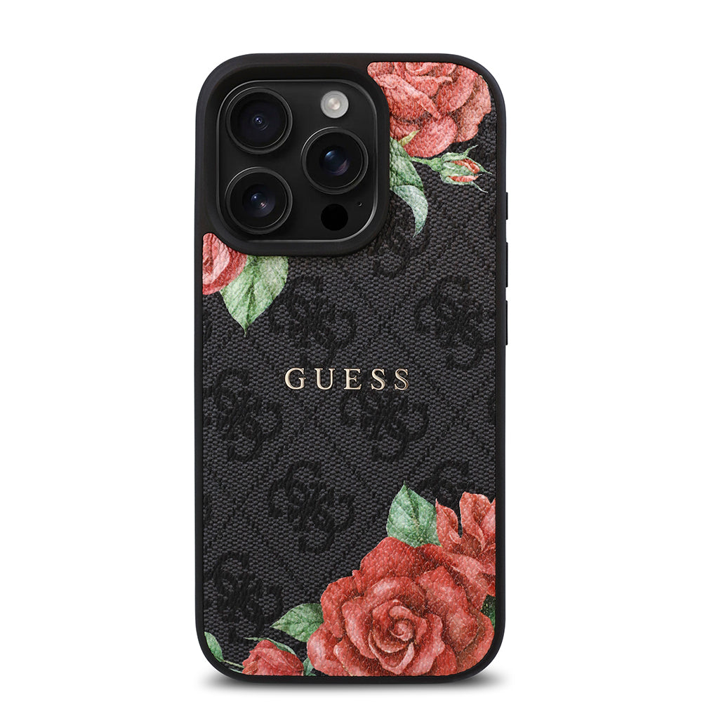 Apple iPhone 15 Pro Kılıf Guess Orjinal Lisanslı M-safe Şarj Özellikli Gül Baskılı 4G Desenli Yazı Logolu Kapak Siyah