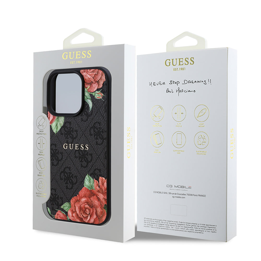 Apple iPhone 15 Pro Kılıf Guess Orjinal Lisanslı M-safe Şarj Özellikli Gül Baskılı 4G Desenli Yazı Logolu Kapak Siyah