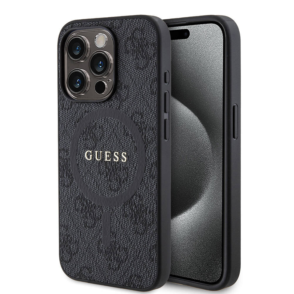 Apple iPhone 15 Pro Kılıf Guess Orjinal Lisanslı M-safe Şarj Özellikli PU Halkalı 4G Desenli Yazı Logolu Kapak Siyah