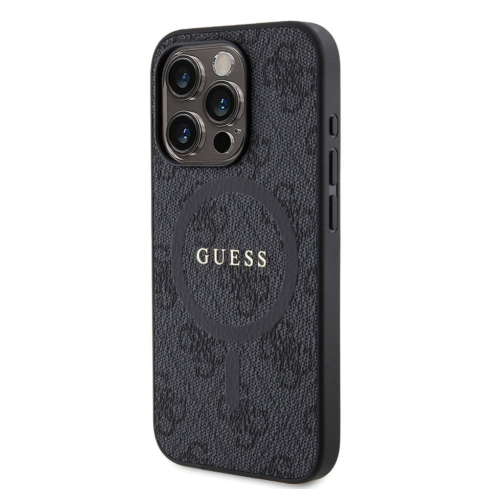 Apple iPhone 15 Pro Kılıf Guess Orjinal Lisanslı M-safe Şarj Özellikli PU Halkalı 4G Desenli Yazı Logolu Kapak Siyah