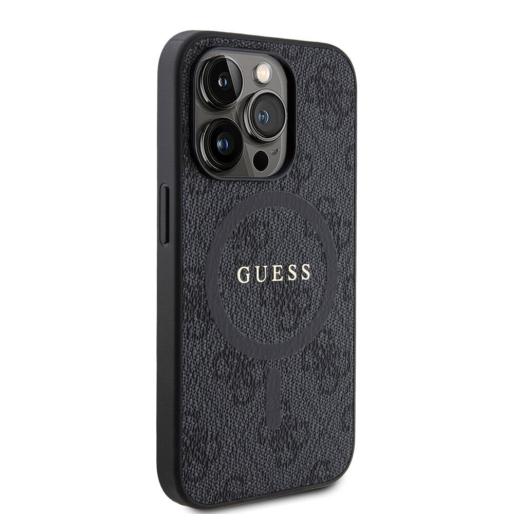 Apple iPhone 15 Pro Kılıf Guess Orjinal Lisanslı M-safe Şarj Özellikli PU Halkalı 4G Desenli Yazı Logolu Kapak Pembe