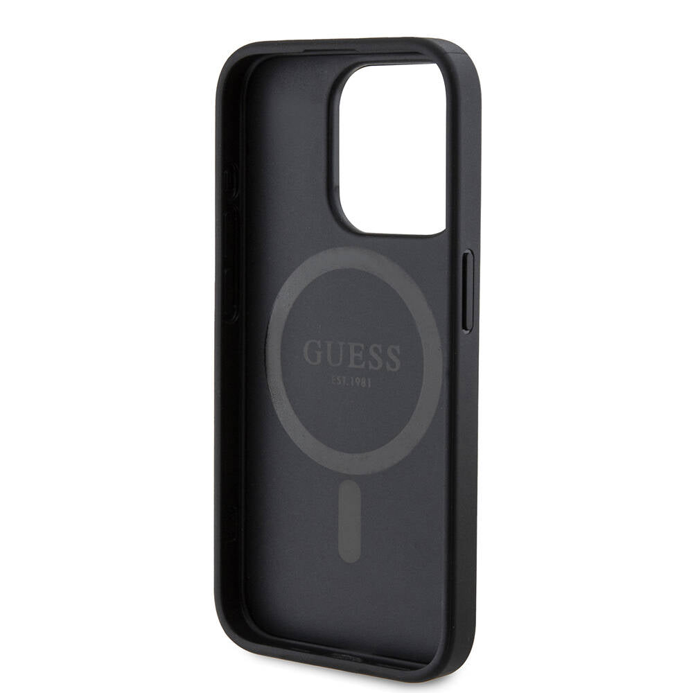 Apple iPhone 15 Pro Kılıf Guess Orjinal Lisanslı M-safe Şarj Özellikli PU Halkalı 4G Desenli Yazı Logolu Kapak Pembe