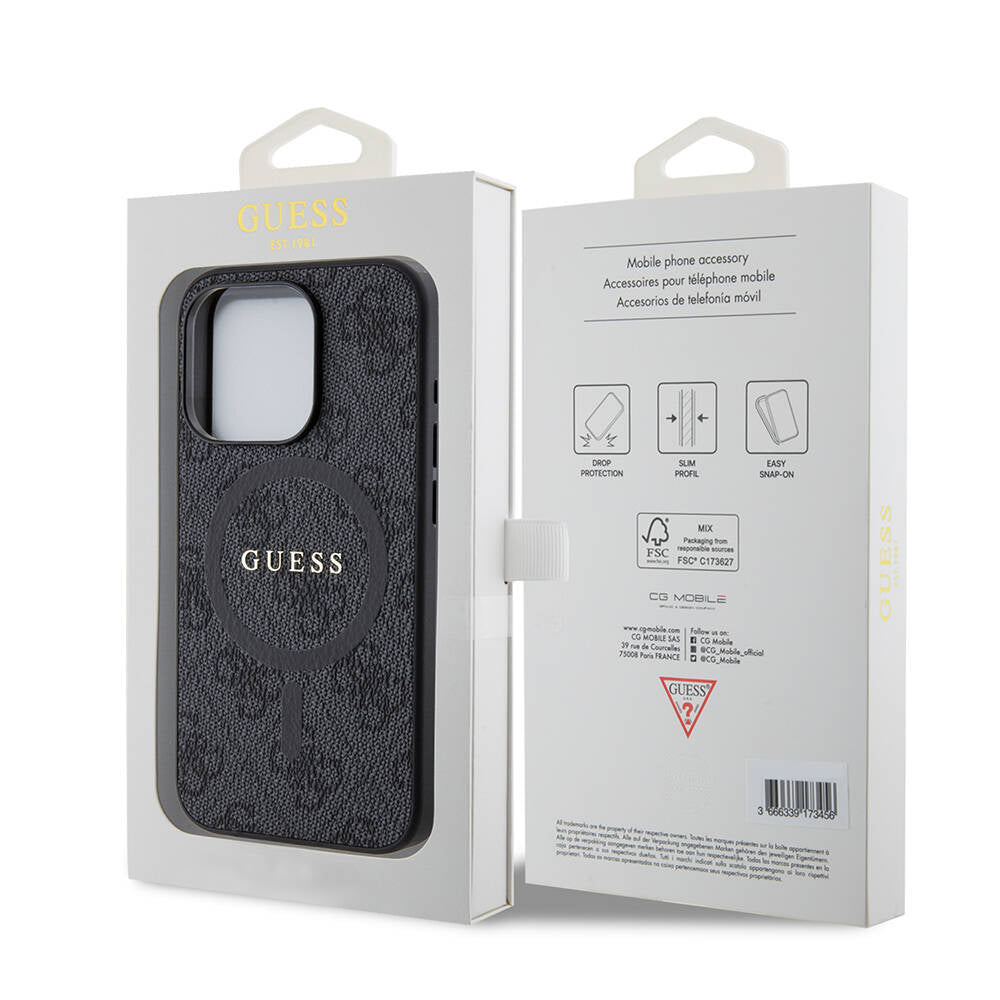 Apple iPhone 15 Pro Kılıf Guess Orjinal Lisanslı M-safe Şarj Özellikli PU Halkalı 4G Desenli Yazı Logolu Kapak Pembe