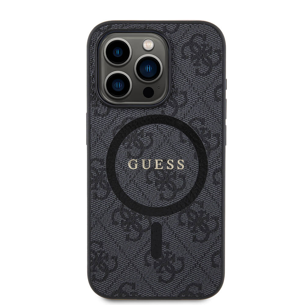 Apple iPhone 15 Pro Kılıf Guess Orjinal Lisanslı M-safe Şarj Özellikli PU Halkalı 4G Desenli Yazı Logolu Kapak Siyah