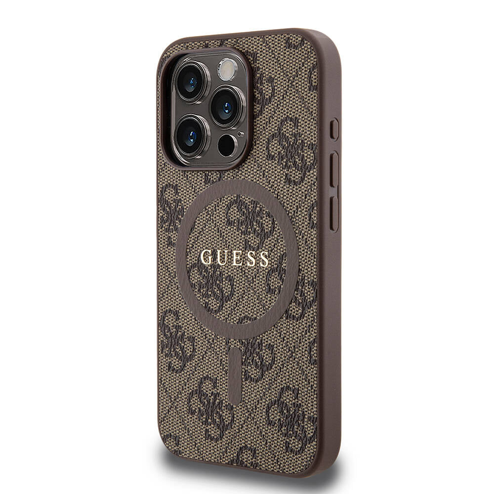 Apple iPhone 15 Pro Kılıf Guess Orjinal Lisanslı M-safe Şarj Özellikli PU Halkalı 4G Desenli Yazı Logolu Kapak Kahverengi