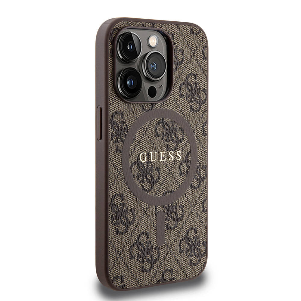 Apple iPhone 15 Pro Kılıf Guess Orjinal Lisanslı M-safe Şarj Özellikli PU Halkalı 4G Desenli Yazı Logolu Kapak Kahverengi