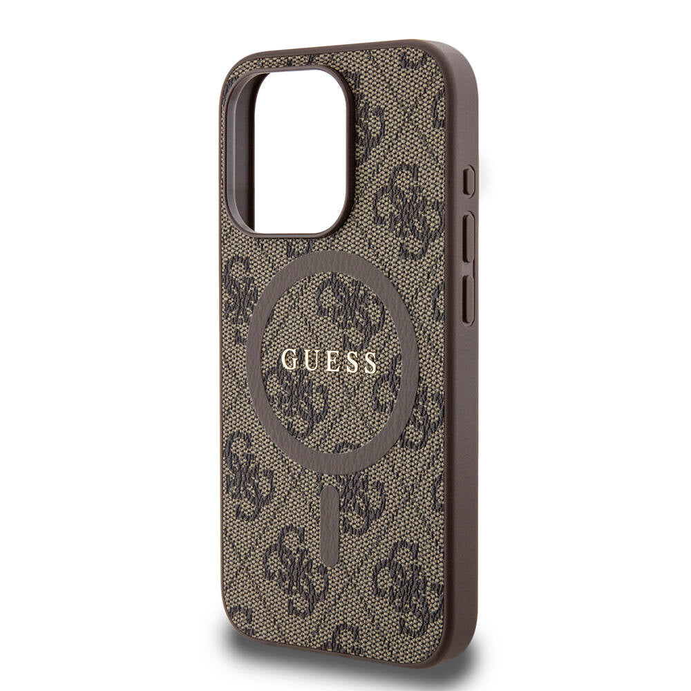Apple iPhone 15 Pro Kılıf Guess Orjinal Lisanslı M-safe Şarj Özellikli PU Halkalı 4G Desenli Yazı Logolu Kapak Pembe