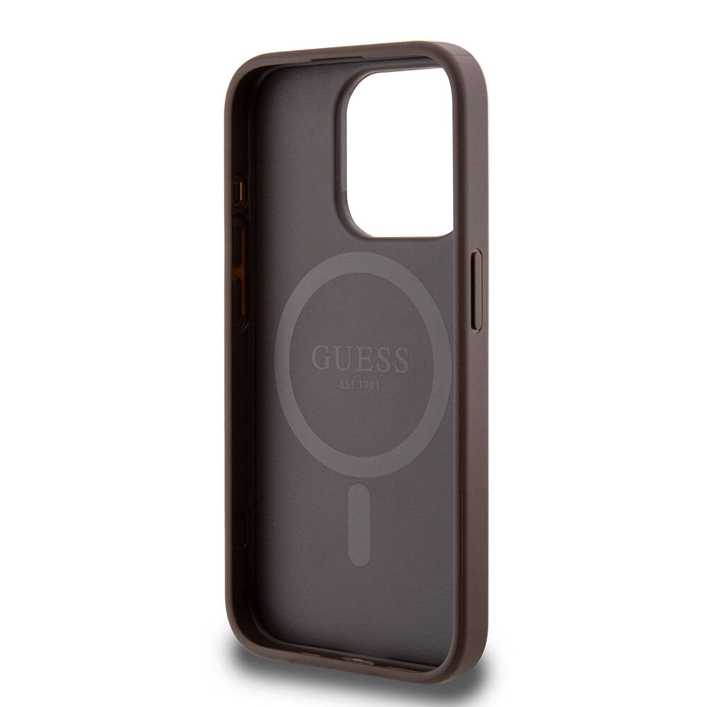 Apple iPhone 15 Pro Kılıf Guess Orjinal Lisanslı M-safe Şarj Özellikli PU Halkalı 4G Desenli Yazı Logolu Kapak Siyah