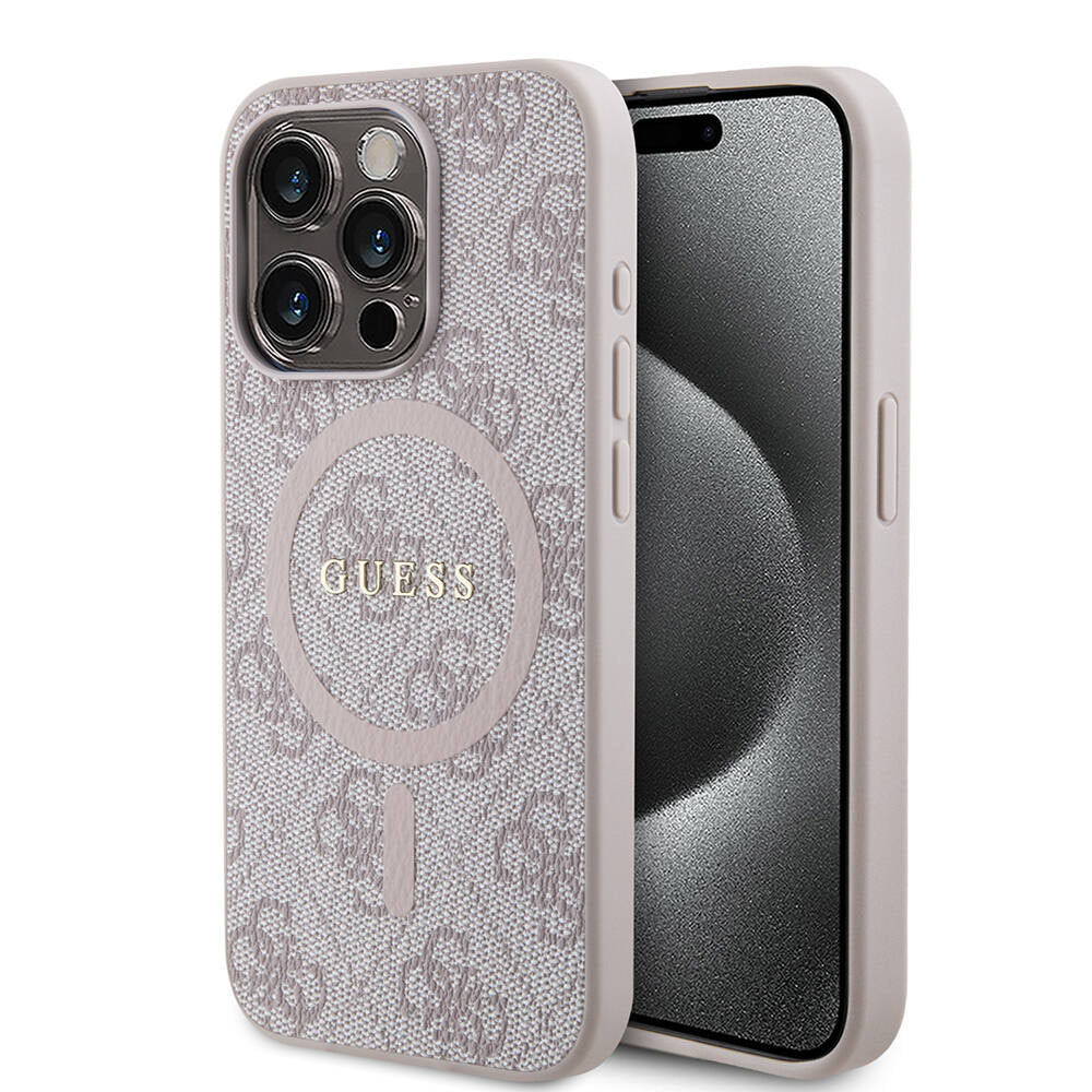 Apple iPhone 15 Pro Kılıf Guess Orjinal Lisanslı M-safe Şarj Özellikli PU Halkalı 4G Desenli Yazı Logolu Kapak Kahverengi