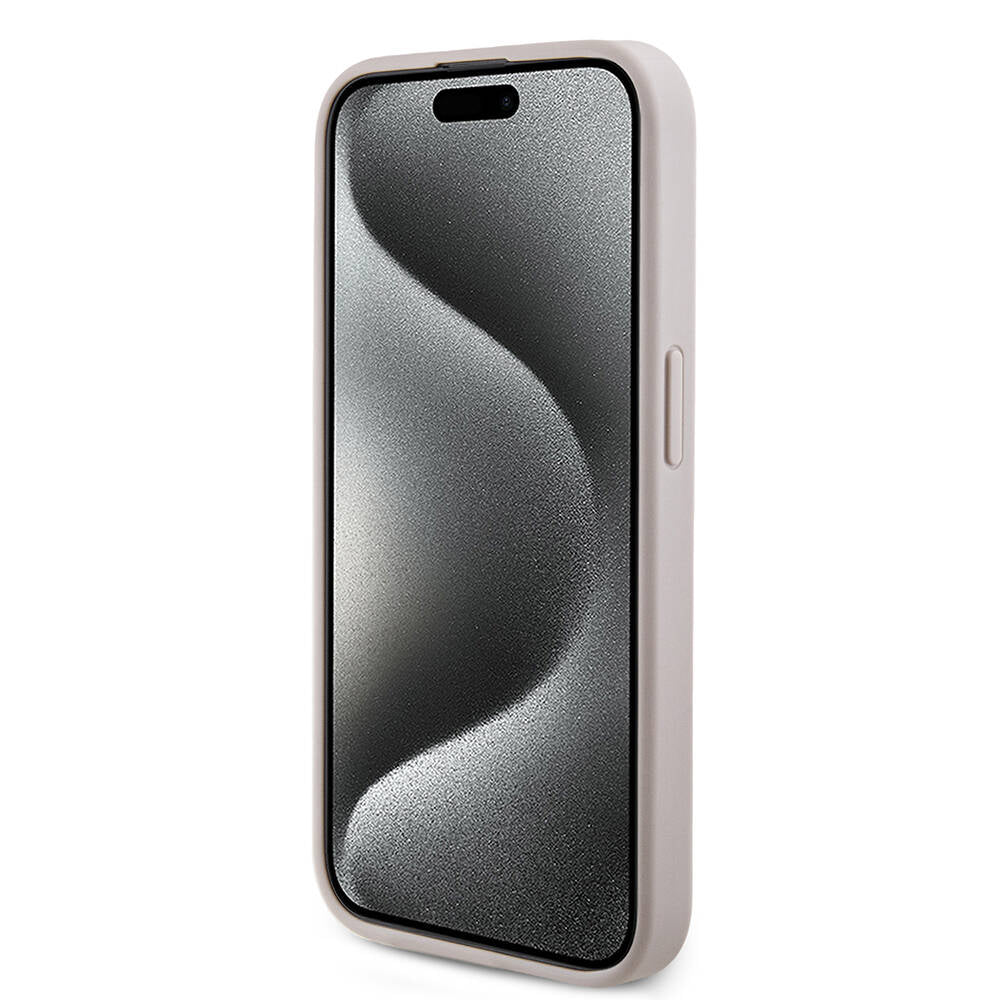 Apple iPhone 15 Pro Kılıf Guess Orjinal Lisanslı M-safe Şarj Özellikli PU Halkalı 4G Desenli Yazı Logolu Kapak Pembe