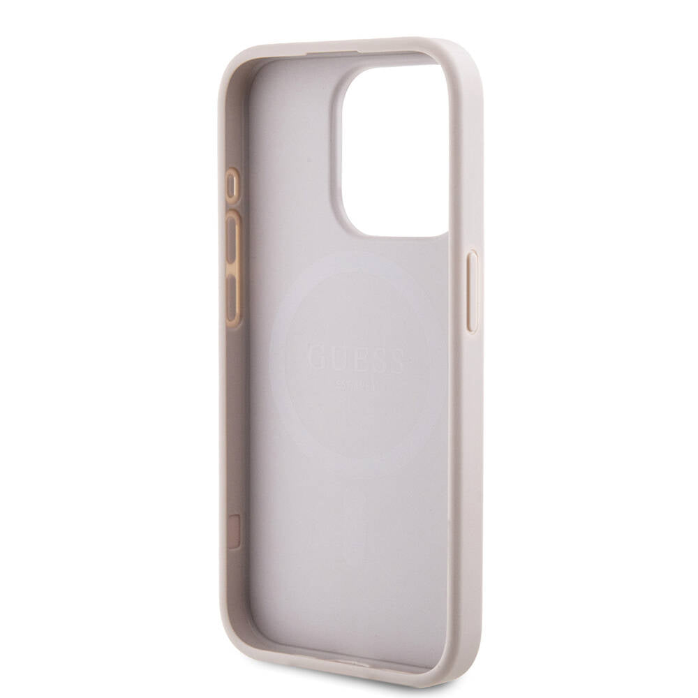 Apple iPhone 15 Pro Kılıf Guess Orjinal Lisanslı M-safe Şarj Özellikli PU Halkalı 4G Desenli Yazı Logolu Kapak Pembe