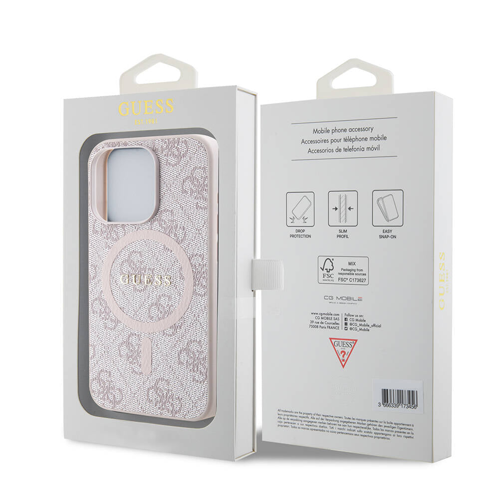 Apple iPhone 15 Pro Kılıf Guess Orjinal Lisanslı M-safe Şarj Özellikli PU Halkalı 4G Desenli Yazı Logolu Kapak Kahverengi