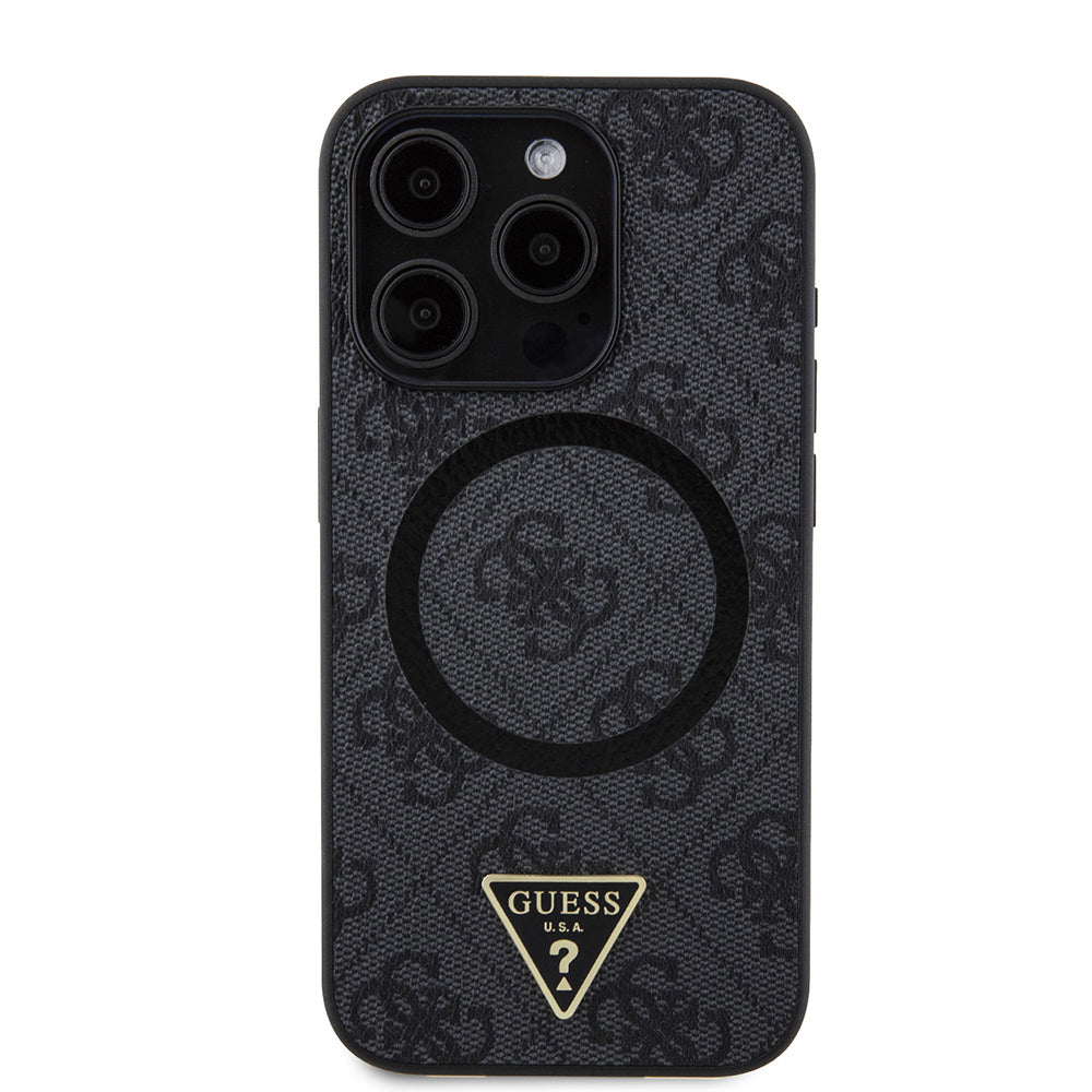 Apple iPhone 15 Pro Kılıf Guess Orjinal Lisanslı M-safe Şarj Özellikli PU Üçgen Logo 4G Desenli Kapak Kahverengi