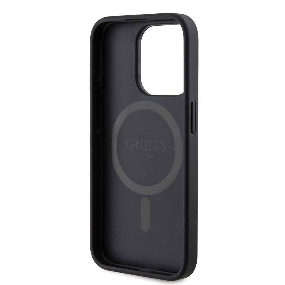 Apple iPhone 15 Pro Kılıf Guess Orjinal Lisanslı M-safe Şarj Özellikli PU Üçgen Logo 4G Desenli Kapak Siyah