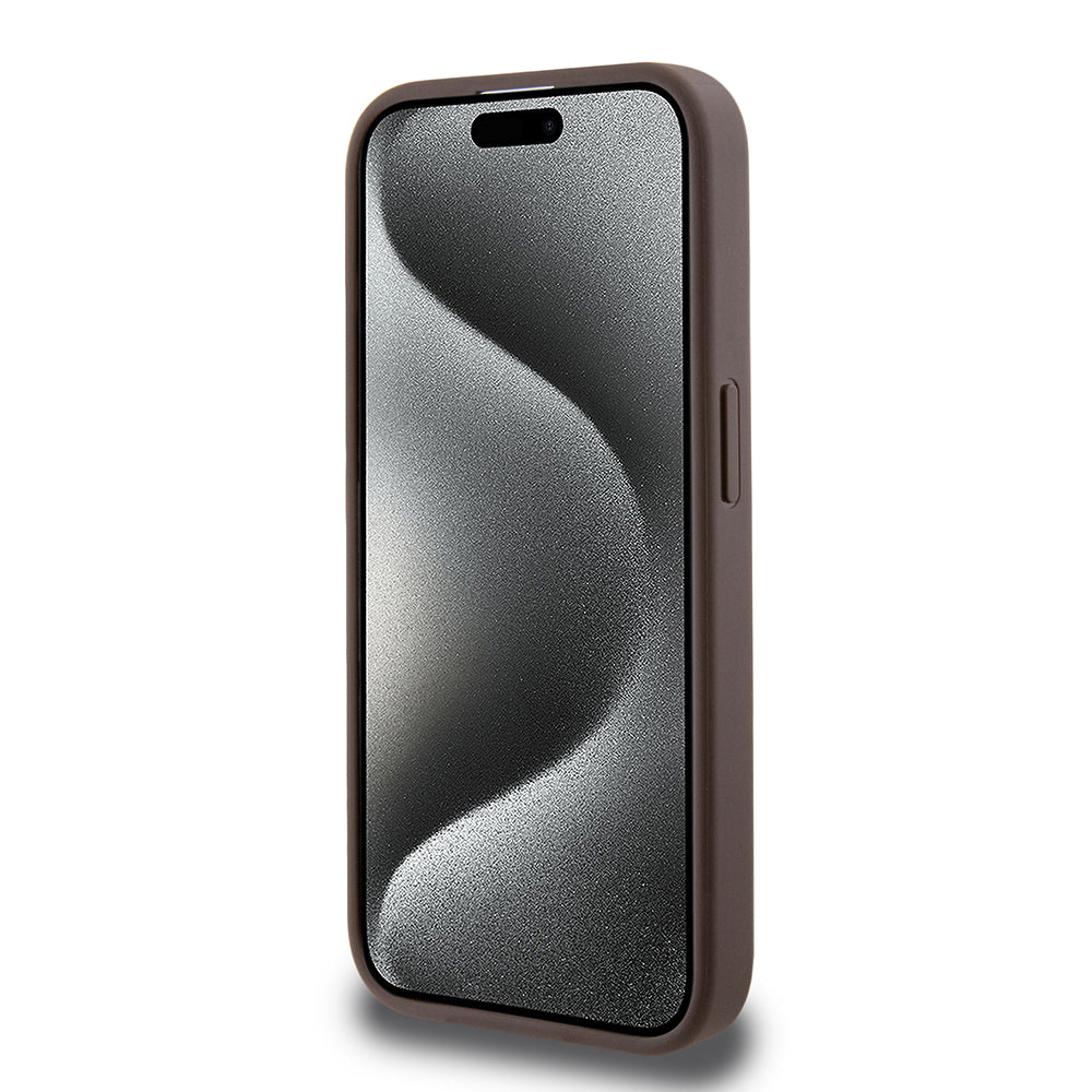 Apple iPhone 15 Pro Kılıf Guess Orjinal Lisanslı M-safe Şarj Özellikli PU Üçgen Logo 4G Desenli Kapak Siyah