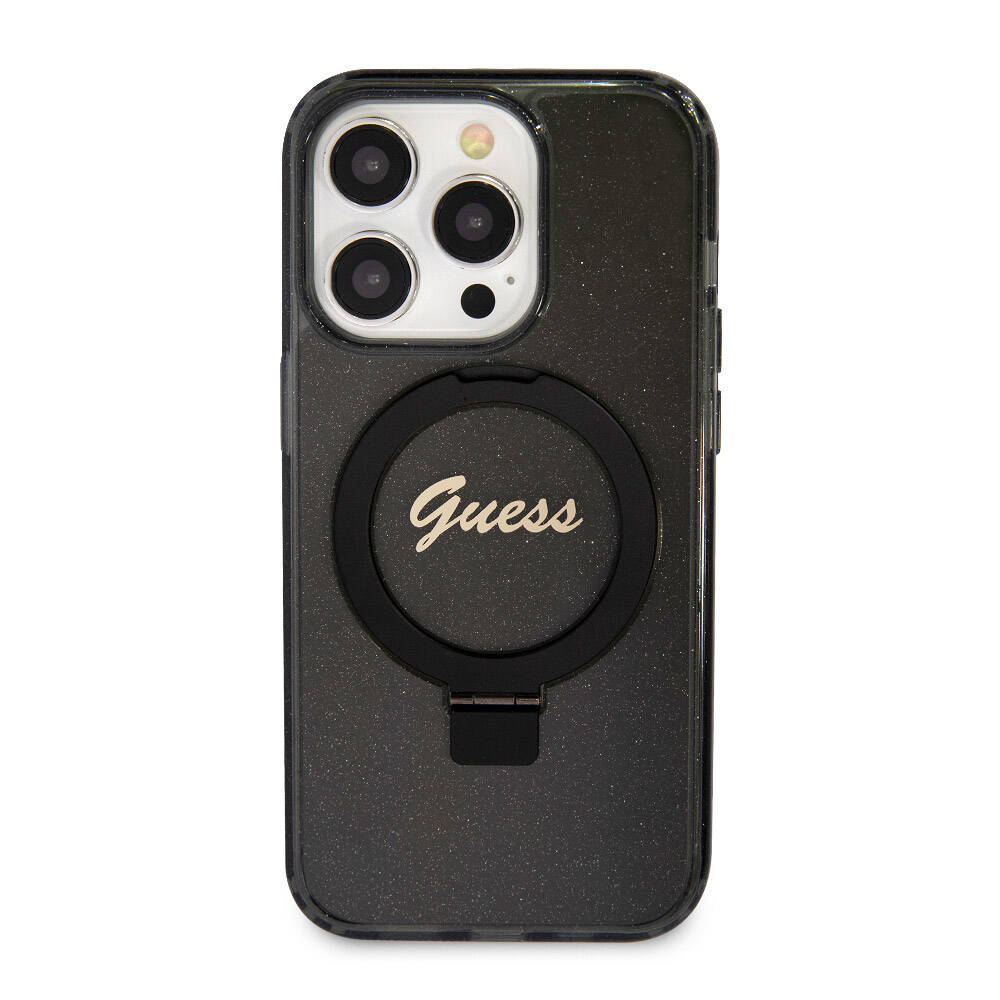 Apple iPhone 15 Pro Kılıf Guess Orjinal Lisanslı M-safe Şarj Özellikli Simli Arka Yüzey Ring Standlı Kapak Mor