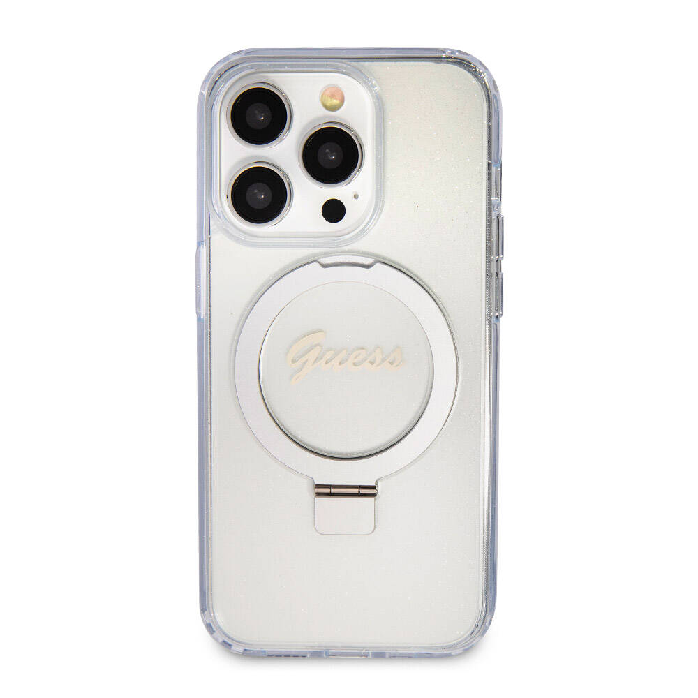 Apple iPhone 15 Pro Kılıf Guess Orjinal Lisanslı M-safe Şarj Özellikli Simli Arka Yüzey Ring Standlı Kapak Pembe