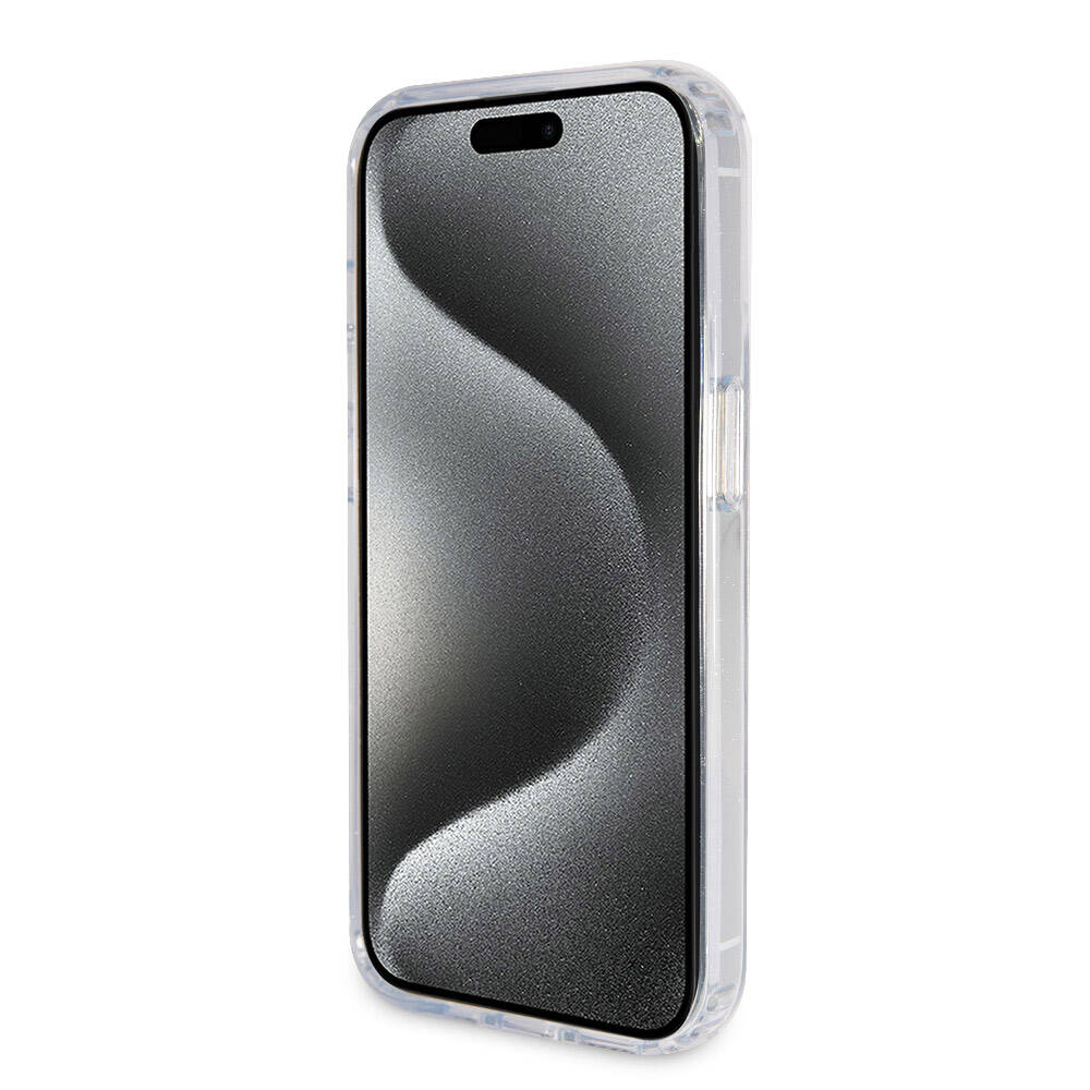 Apple iPhone 15 Pro Kılıf Guess Orjinal Lisanslı M-safe Şarj Özellikli Simli Arka Yüzey Ring Standlı Kapak Pembe