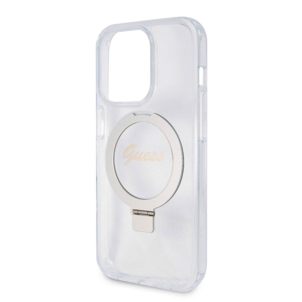 Apple iPhone 15 Pro Kılıf Guess Orjinal Lisanslı M-safe Şarj Özellikli Simli Arka Yüzey Ring Standlı Kapak Pembe