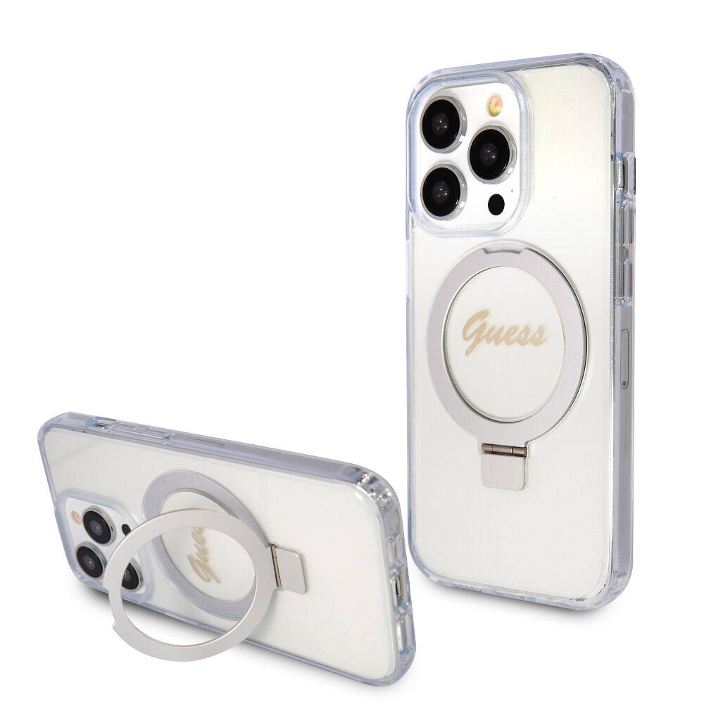 Apple iPhone 15 Pro Kılıf Guess Orjinal Lisanslı M-safe Şarj Özellikli Simli Arka Yüzey Ring Standlı Kapak Renksiz