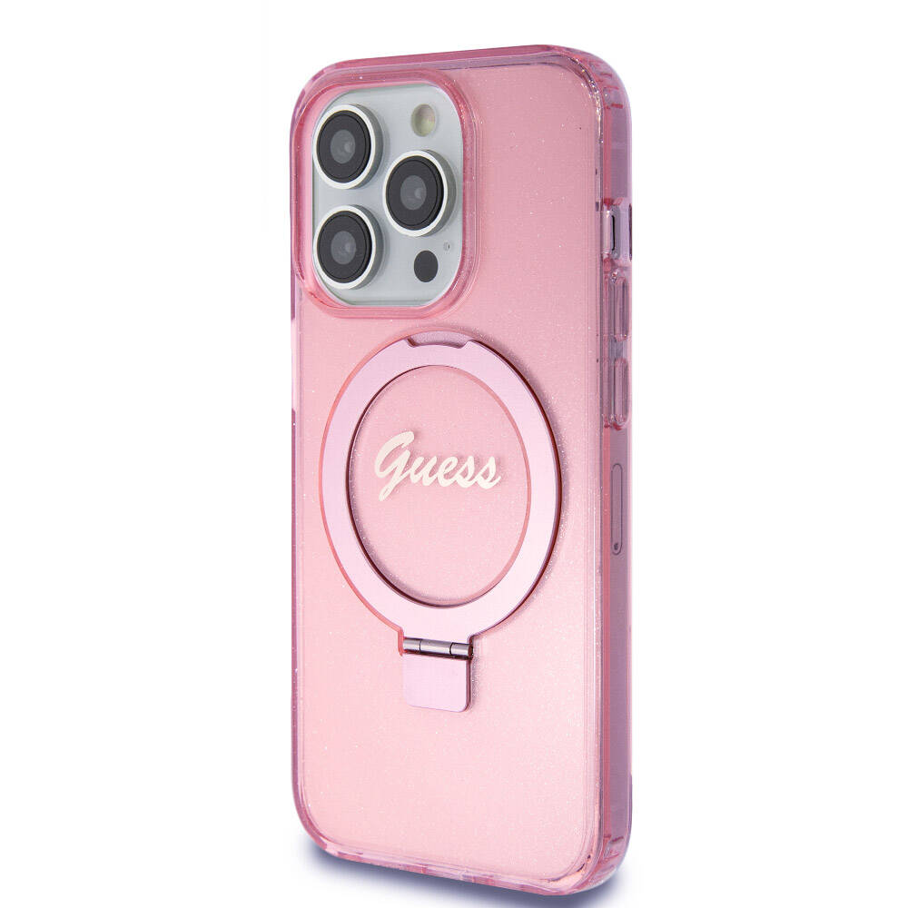 Apple iPhone 15 Pro Kılıf Guess Orjinal Lisanslı M-safe Şarj Özellikli Simli Arka Yüzey Ring Standlı Kapak Renksiz