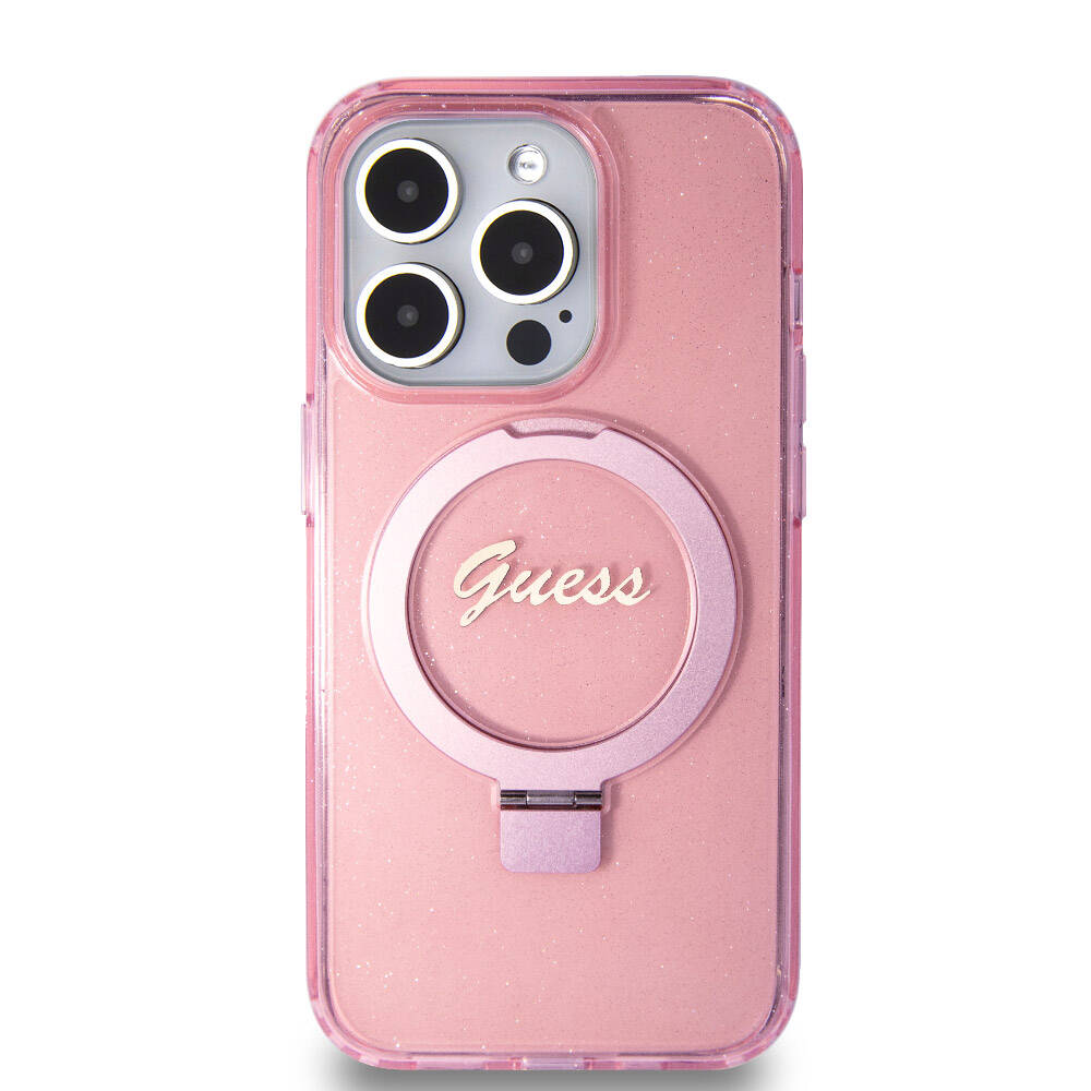 Apple iPhone 15 Pro Kılıf Guess Orjinal Lisanslı M-safe Şarj Özellikli Simli Arka Yüzey Ring Standlı Kapak Mor