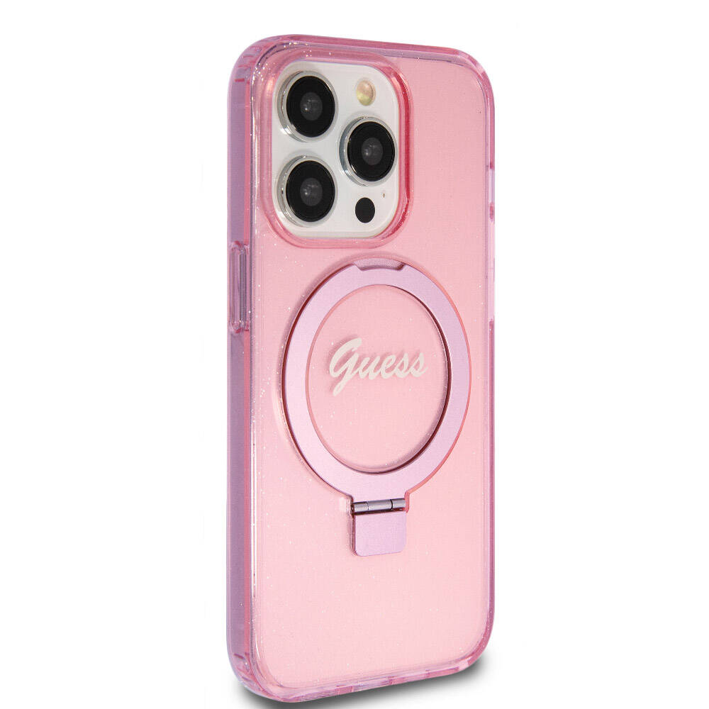 Apple iPhone 15 Pro Kılıf Guess Orjinal Lisanslı M-safe Şarj Özellikli Simli Arka Yüzey Ring Standlı Kapak Pembe