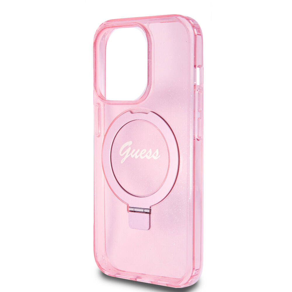 Apple iPhone 15 Pro Kılıf Guess Orjinal Lisanslı M-safe Şarj Özellikli Simli Arka Yüzey Ring Standlı Kapak Mor