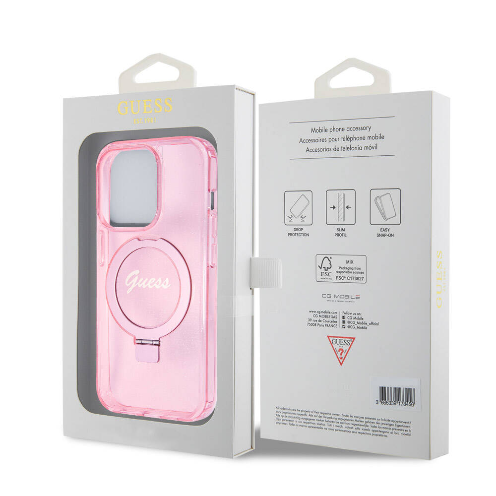 Apple iPhone 15 Pro Kılıf Guess Orjinal Lisanslı M-safe Şarj Özellikli Simli Arka Yüzey Ring Standlı Kapak Pembe