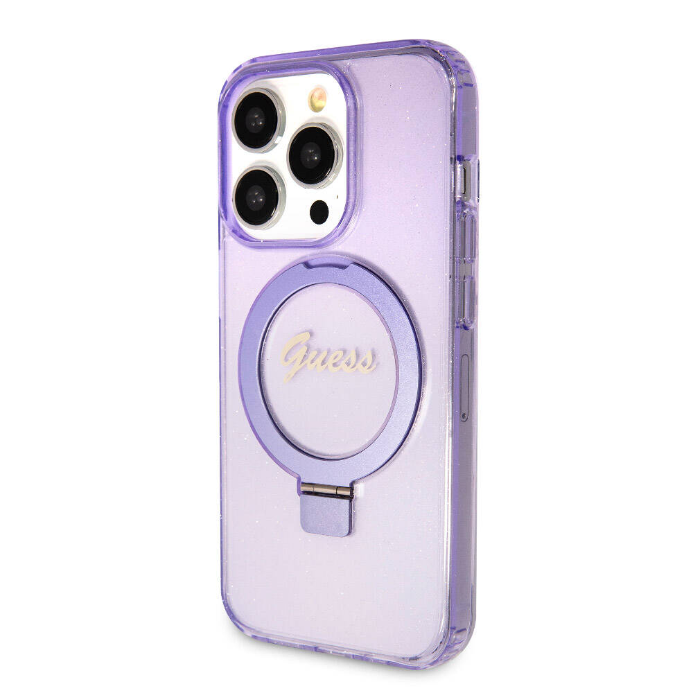 Apple iPhone 15 Pro Kılıf Guess Orjinal Lisanslı M-safe Şarj Özellikli Simli Arka Yüzey Ring Standlı Kapak Renksiz
