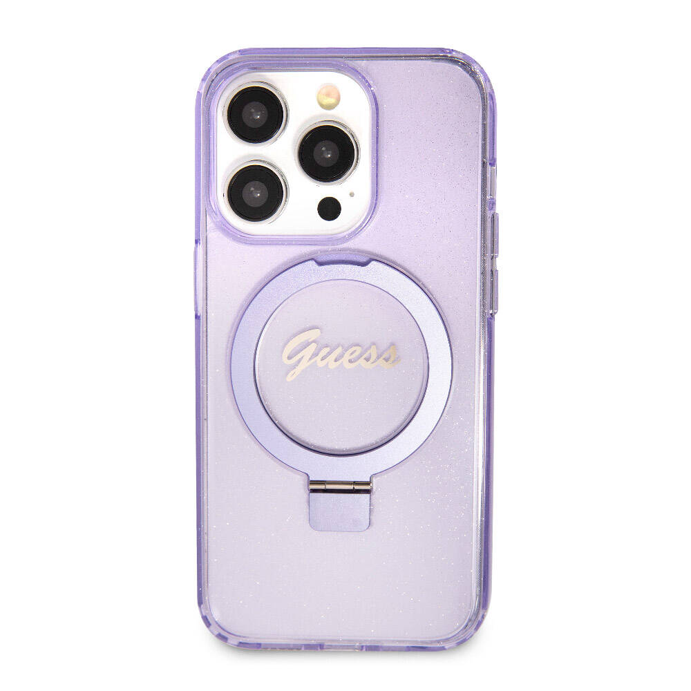 Apple iPhone 15 Pro Kılıf Guess Orjinal Lisanslı M-safe Şarj Özellikli Simli Arka Yüzey Ring Standlı Kapak Renksiz