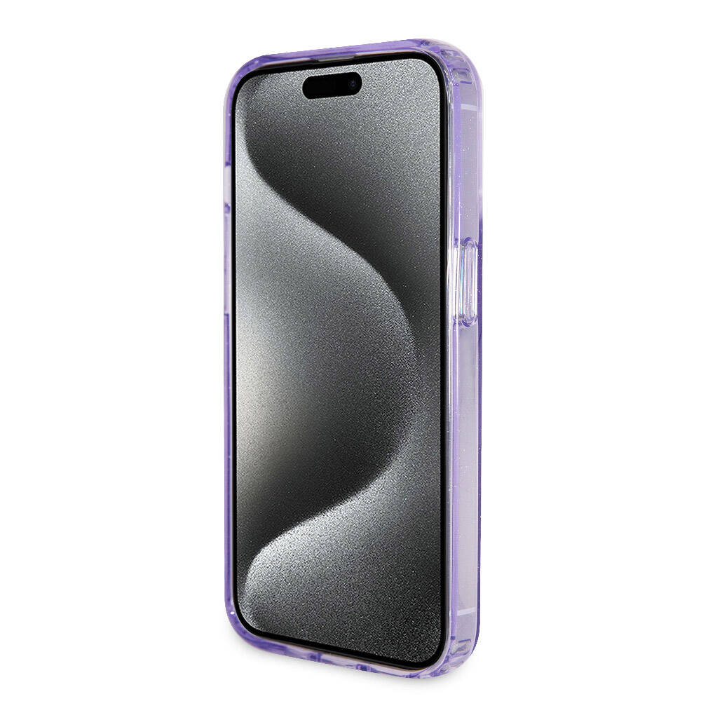 Apple iPhone 15 Pro Kılıf Guess Orjinal Lisanslı M-safe Şarj Özellikli Simli Arka Yüzey Ring Standlı Kapak Mor