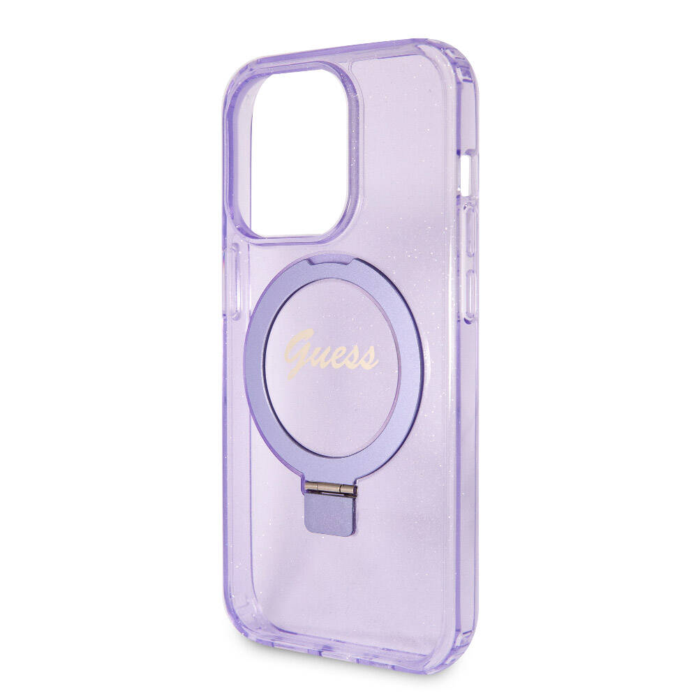 Apple iPhone 15 Pro Kılıf Guess Orjinal Lisanslı M-safe Şarj Özellikli Simli Arka Yüzey Ring Standlı Kapak Renksiz