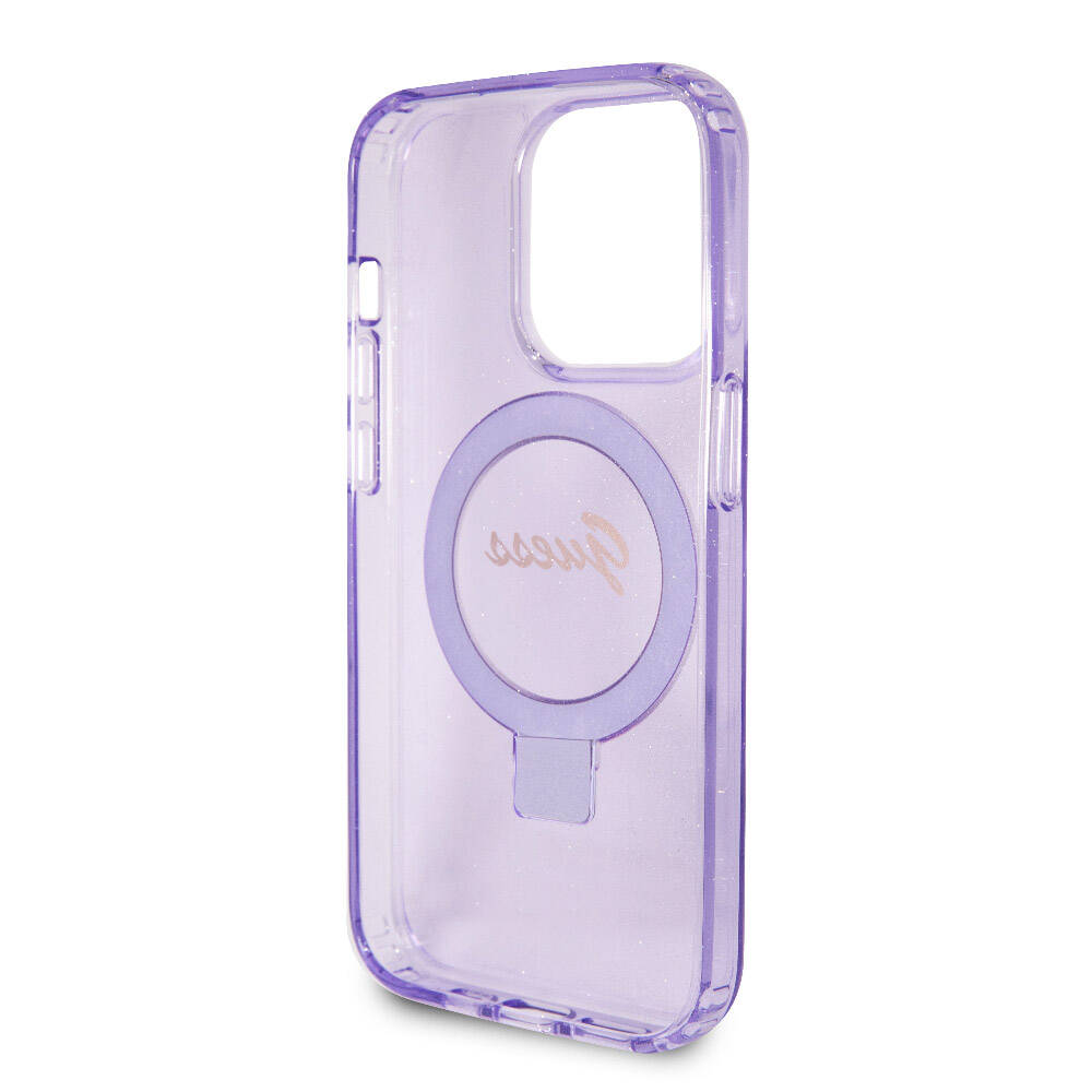 Apple iPhone 15 Pro Kılıf Guess Orjinal Lisanslı M-safe Şarj Özellikli Simli Arka Yüzey Ring Standlı Kapak Mor